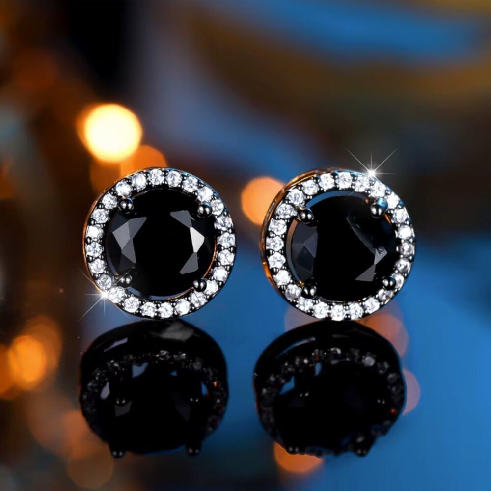 NEW 14k Black Gold Black Sapphire Diamond Stud Earrings Round Cut - Picture 1 of 6